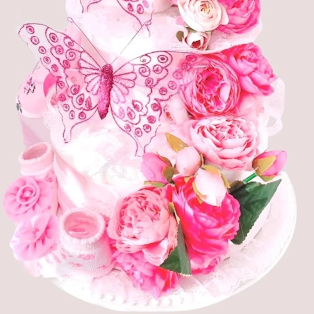 Butterflies Diaper Cake, Peonies Diaper Cake